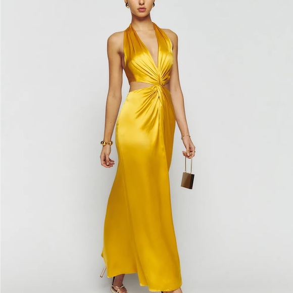 Reformation Nerida Silk Gold Halter Dress - Picture 1 of 5
